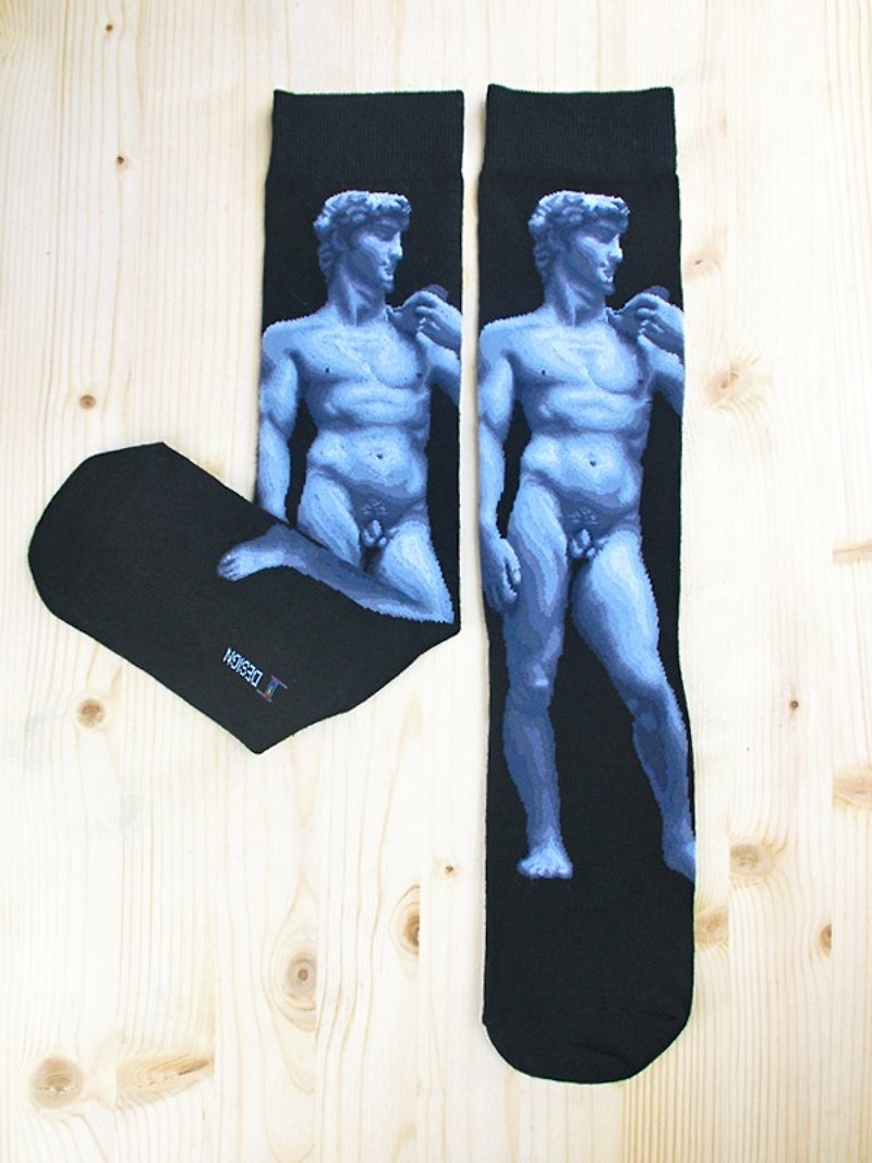 JHJ Design 加拿大品牌 高彩度針織棉襪 名畫系列 - 大衛雕像 - 襪子 - 棉．麻 黑色