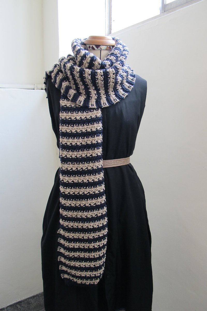 Lan wool scarf (beige navy stripe) - Knit Scarves & Wraps - Other Materials Blue