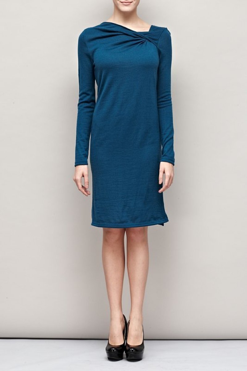 Neckline Ruched Sweater Dress Neckline Neckline - ชุดเดรส - ขนแกะ สีน้ำเงิน