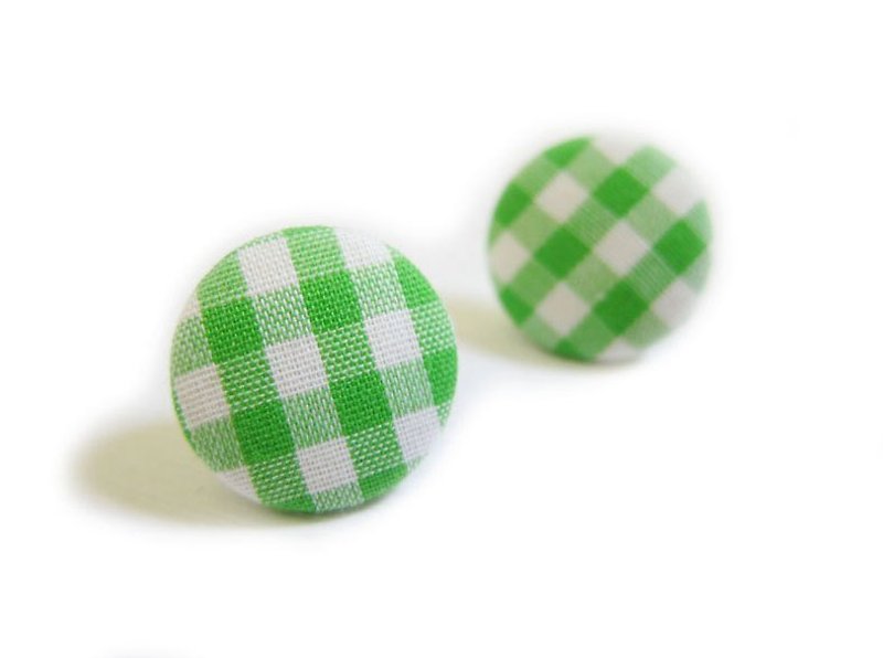 Cloth buckle earrings green lattice can be used as clip earrings - Earrings & Clip-ons - Other Materials 