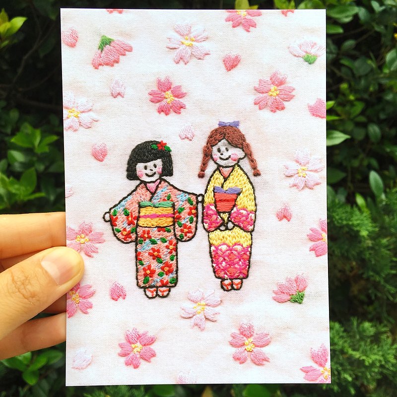 刺繡照片明信片 櫻と和服の女の子 No.9 - 卡片/明信片 - 紙 粉紅色