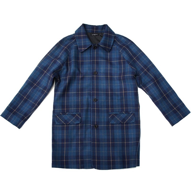Stone'As Plaid Wool Coat / 格子 格紋 毛料大衣 - 男夾克/外套 - 其他材質 藍色