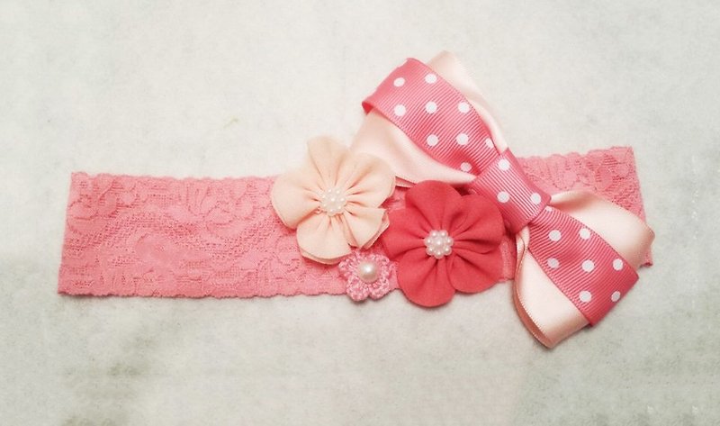 Handmade Elastic Headband with pink ribbon bow - ผ้ากันเปื้อน - วัสดุอื่นๆ สึชมพู