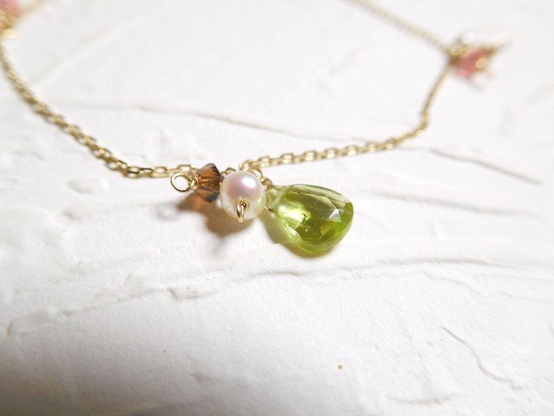 水滴型天然橄欖石珍珠純14K金手鍊 - 手鍊/手鐲 - 紙 綠色