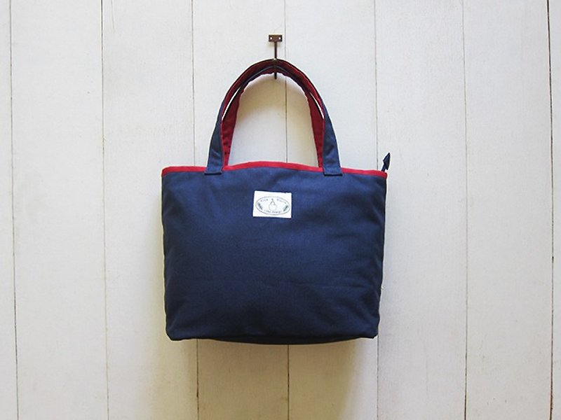 Macaron Series-Canvas Medium Tote Bag (Zipper Opening) Navy Blue + Burgundy - Messenger Bags & Sling Bags - Other Materials Multicolor