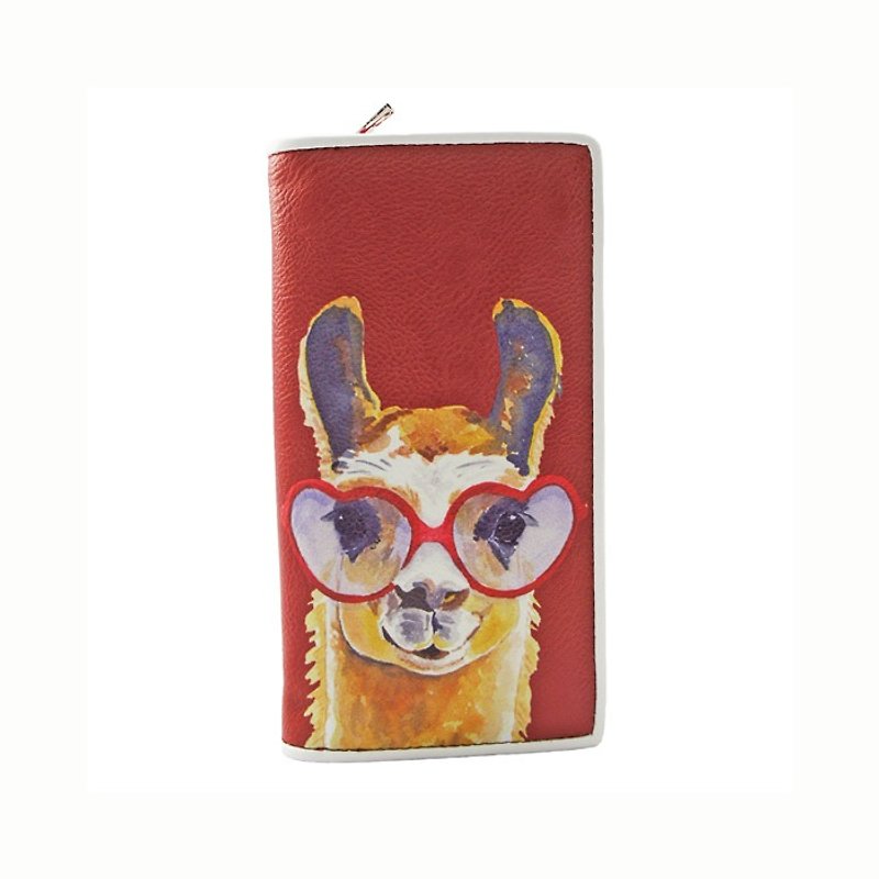 Ashley. M - Llama With Heart Sunglasses Bi Fold Zip Around Wallet - Wallets - Faux Leather Red