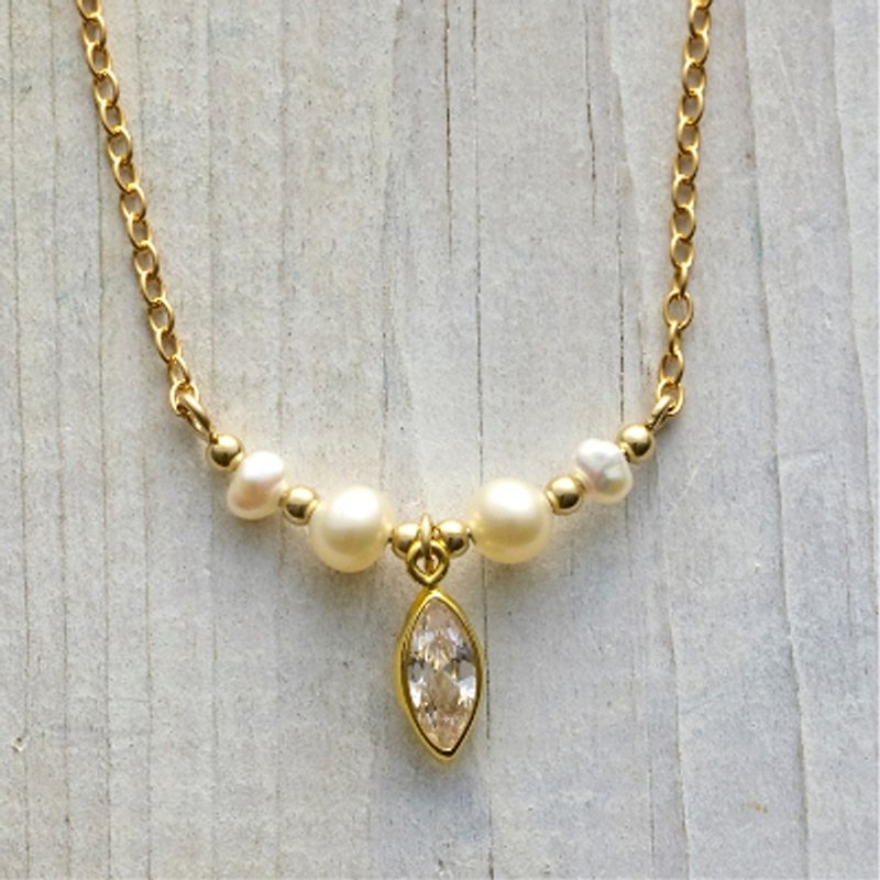 Necklace-Freshwater pearl, 14KGF and cubic zirconia sharp necklace-JolieN01 - สร้อยคอ - โลหะ ขาว