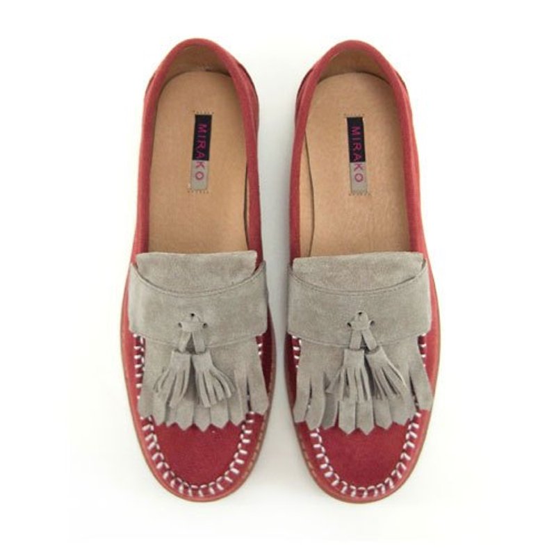 Classic Vintage Moccasin Tassel Loafers M1109A GreyBurgundy - รองเท้าอ็อกฟอร์ดผู้หญิง - ผ้าฝ้าย/ผ้าลินิน หลากหลายสี