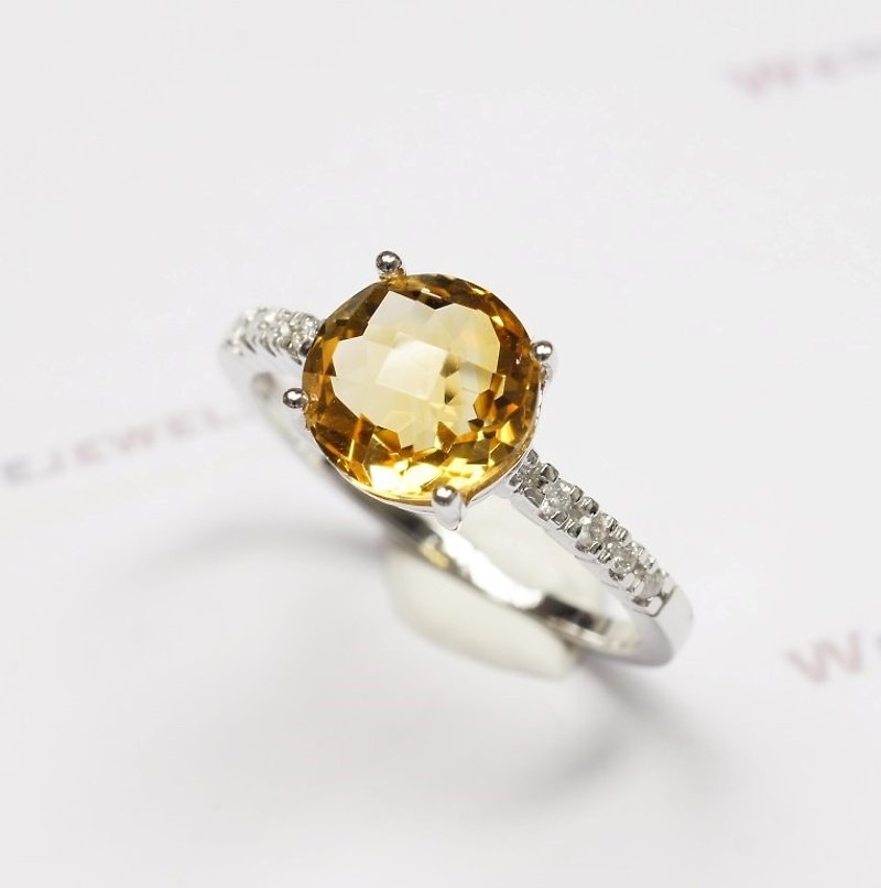 18K white gold checkerboard cutting round citrine with diamond Ring / Birthstone - General Rings - Gemstone Orange