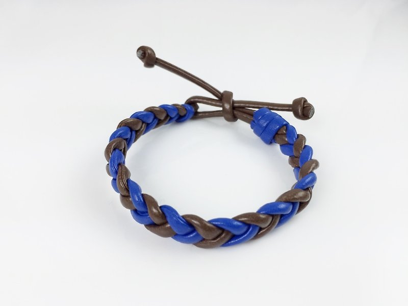 Coffee blue color - imitation leather cord woven - สร้อยข้อมือ - หนังแท้ สีนำ้ตาล