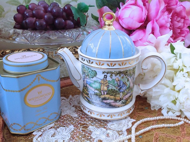 ♥安妮瘋古物♥vintage 復古 古董英國骨瓷 英國製 Sadler 粉藍色打獵花茶壺~ 歡樂下午茶系列,可愛 - 茶具/茶杯 - 其他材質 藍色