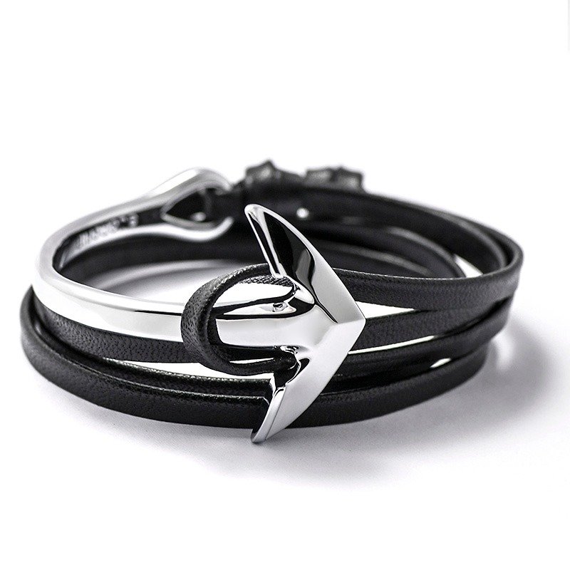 [BIJOUONE] anchor curved silver bracelet / neutral nautical sailor wind / send her boyfriend a gift / anchor bracelets / genuine leather bracelet - สร้อยข้อมือ - โลหะ หลากหลายสี