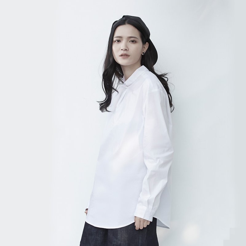 TRAN - Single button open collar shirt - Women's Tops - Cotton & Hemp White