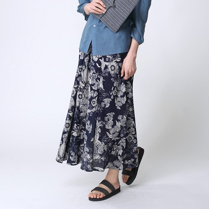 BUFU ancient Chinese blue calico skirt   SK141208 - กี่เพ้า - ผ้าฝ้าย/ผ้าลินิน สีน้ำเงิน