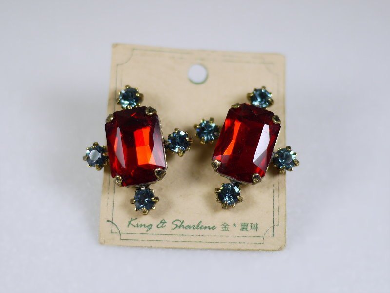 【金＊夏琳 ‧ 飾品】 方形復古寶石耳環 --濃郁紅藍 - 耳環/耳夾/耳骨夾 - 寶石 