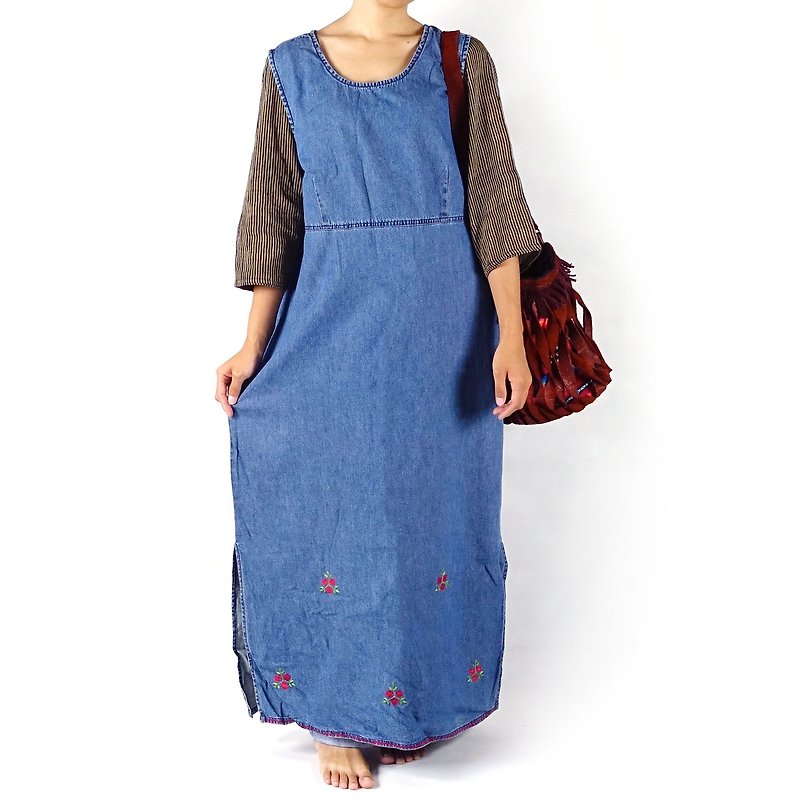 BajuTua / vintage / small red tannin Sleeveless Dress - ชุดเดรส - ผ้าฝ้าย/ผ้าลินิน สีน้ำเงิน