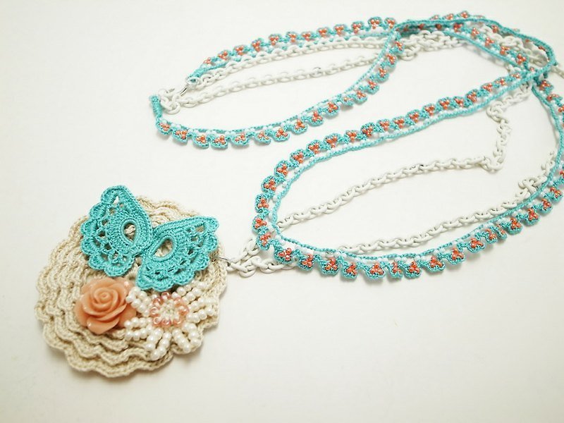 Irish Crochet Lace Jewelry (Lace Fantasia 6-b) Necklace, Beaded Necklace - Necklaces - Cotton & Hemp White