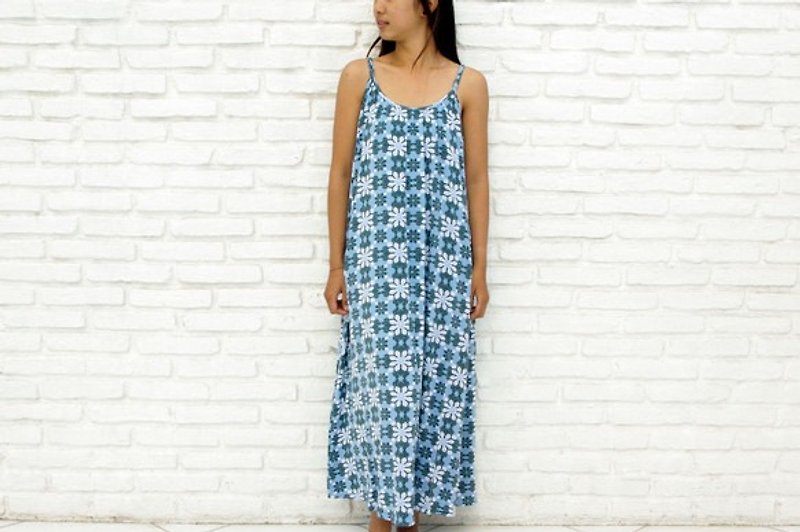 Quilt print camisole flare maxi dress <Blue> - One Piece Dresses - Other Materials Blue