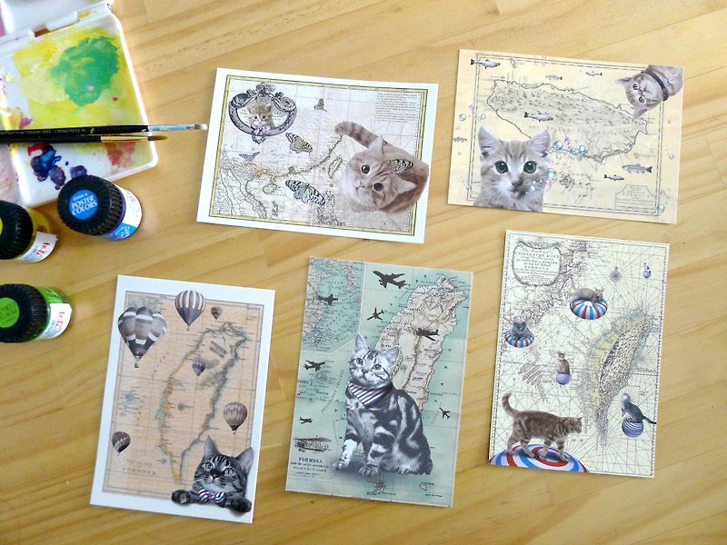 台湾の地図で夢を見るあえて猫のポストカード（5種類、各3枚、合計15枚） - カード・はがき - 紙 オレンジ