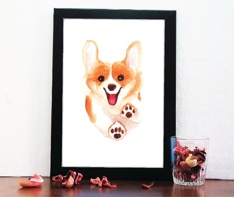Corgi puppy watercolor painting painted illustration posters A4 copy - โปสเตอร์ - กระดาษ 