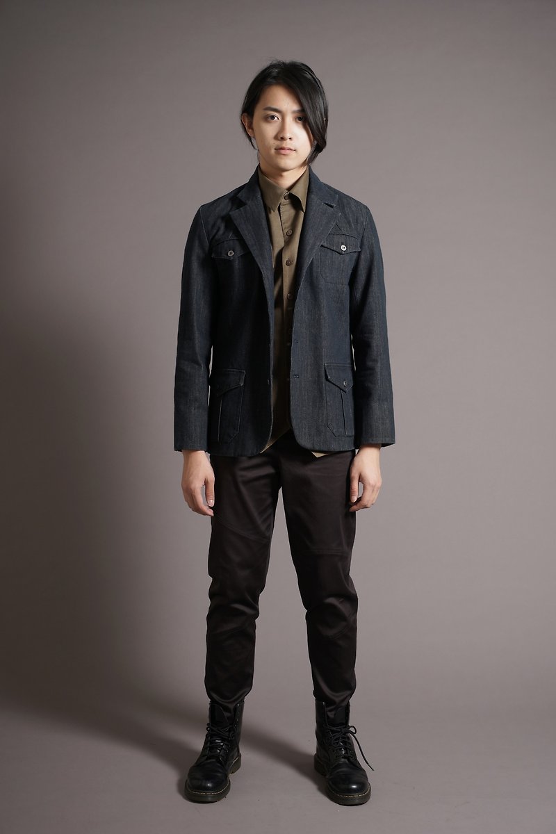 Multi-pocket work sense Western-style jacket blue and black - เสื้อโค้ทผู้ชาย - วัสดุอื่นๆ สีดำ