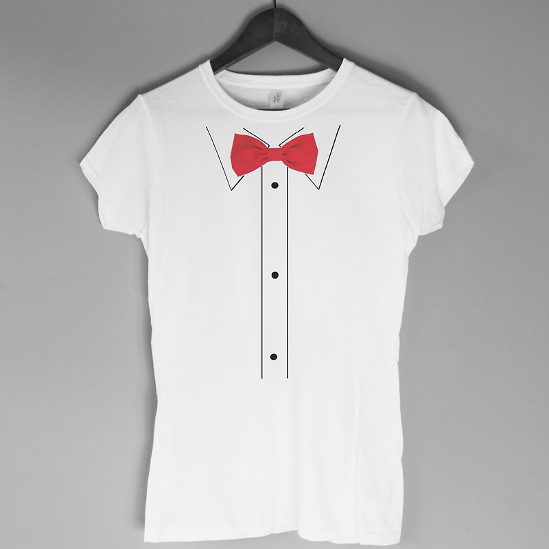 Print Bow Tie-Red white t shirt - เสื้อยืดผู้หญิง - ผ้าฝ้าย/ผ้าลินิน ขาว