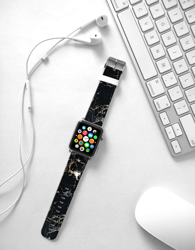 Black marble leather strap Apple Watch Band 38 40 42 44 mm -235 - สายนาฬิกา - หนังแท้ สีดำ