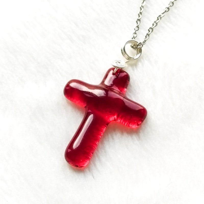 Colored Glass Cross Necklace - Peach - สร้อยคอ - แก้ว สีแดง