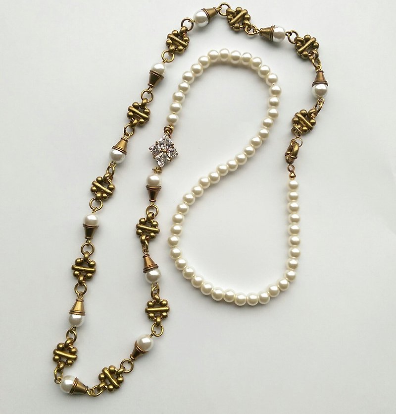 黃銅貝珠鋯石長鍊 - 項鍊 - 寶石 