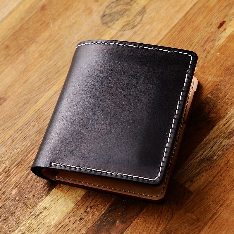 Japanese Tochigi Saddle Leather Handmade Custom Made with Italian Vegetable Tanned Leather Cowhide Japanese-Style Two-fold Wallet Wallet Money Clip - กระเป๋าสตางค์ - หนังแท้ สีดำ