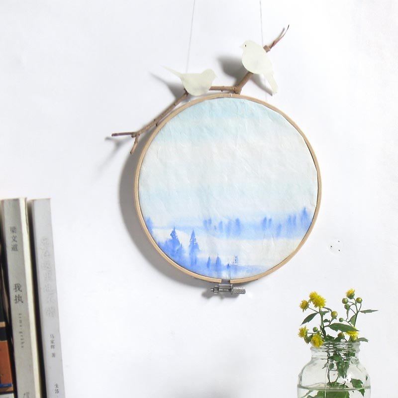 - "Forest Song"  Morning fog. - Original Chinese paintings on rice paper - Framed on Embroidery Hoop - Posters - Paper Blue