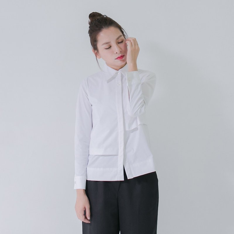 SUMI Distributed asymmetric double pieces white shirt _5AF010_ - เสื้อเชิ้ตผู้หญิง - ผ้าฝ้าย/ผ้าลินิน ขาว