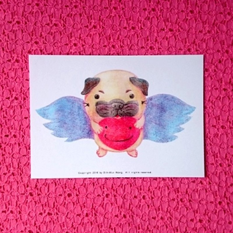 Pug postcard- Love can fly - Cards & Postcards - Paper White