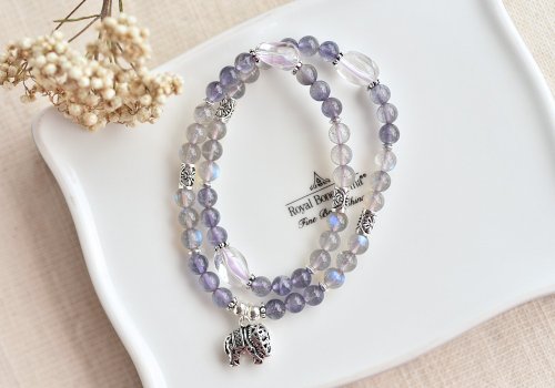 CaWaiiDaisy Handmade Jewelry 閃光拉長石+堇青石+白水晶純銀大象雙圈手鍊