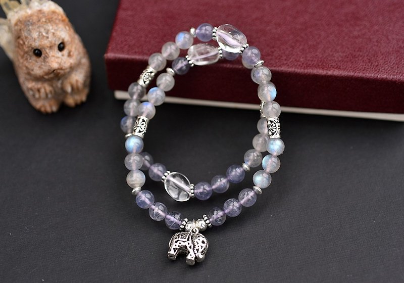 Flash labradorite + cordierite + white crystal sterling silver elephant double circle bracelet - Bracelets - Gemstone Purple
