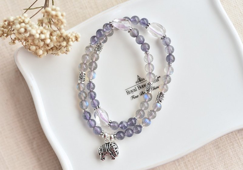 Flash labradorite + cordierite + white crystal sterling silver elephant double circle bracelet - สร้อยข้อมือ - คริสตัล สีม่วง