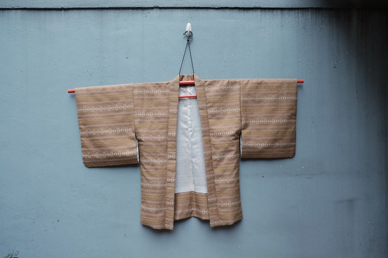 {Vintage} kimono coat color feather weave fabric toffee - เสื้อแจ็คเก็ต - วัสดุอื่นๆ สีกากี