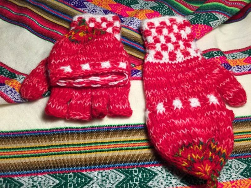 ペルーの手作りのウールキャップグローブ - 赤 - 手袋 - その他の素材 レッド