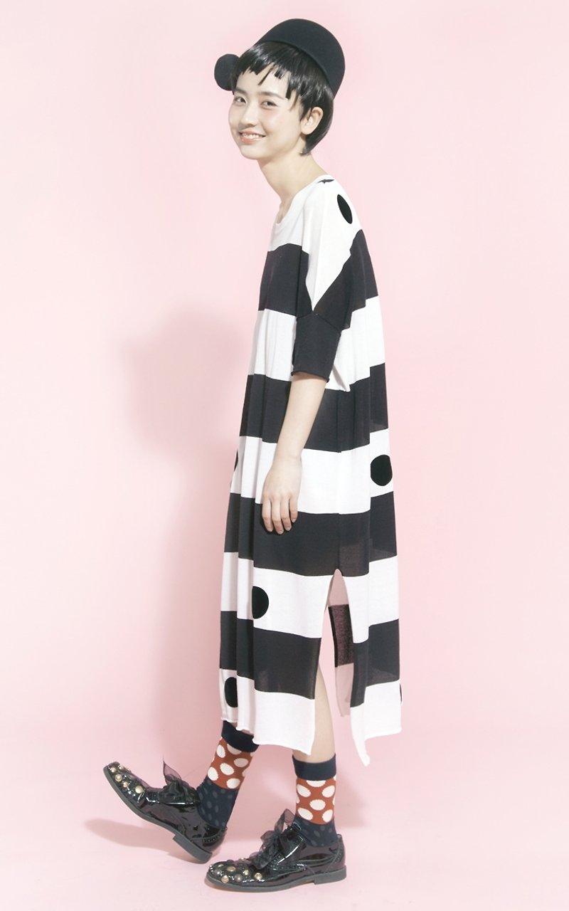 Black and white wide stripes dots long thin cotton gown - imakokoni - Women's Tops - Cotton & Hemp Black