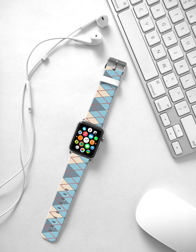 Apple Watch Series 1 , Series 2, Series 3 - Blue Argyle Pattern Strap band for Apple Watch / Apple Watch Sport - 38 mm / 42 mm avilable - Watchbands - Genuine Leather 