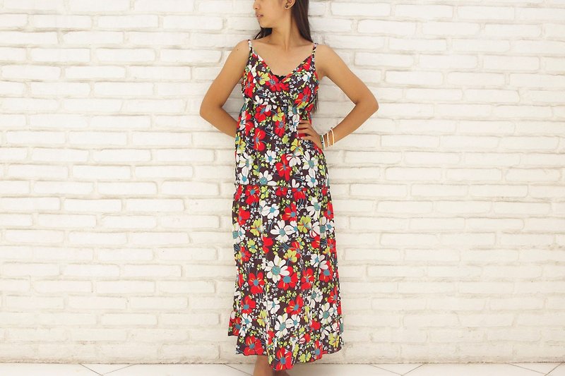 Flower Print Garden dress <Brown Flower> - One Piece Dresses - Other Materials Brown