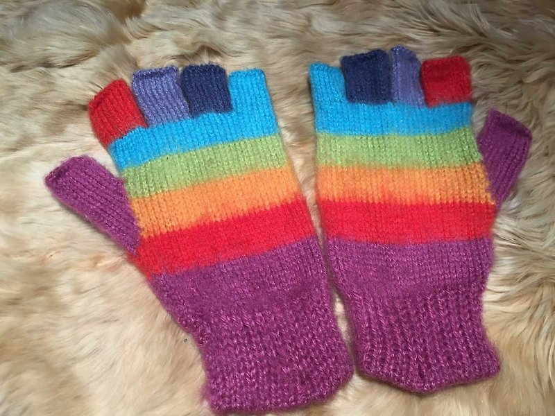 Rainbow wool half-finger gloves - Purple - Gloves & Mittens - Other Materials Purple