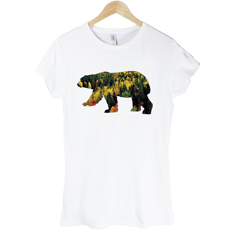 Bear-Forest Girls Short Sleeve T-Shirt-White Bear Forest Nature Animal Environmental Design - เสื้อยืดผู้หญิง - วัสดุอื่นๆ ขาว