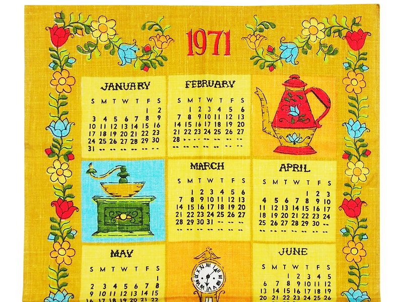 1971 美國早期年代布面月曆 午茶時光 - 牆貼/牆身裝飾 - 其他材質 橘色