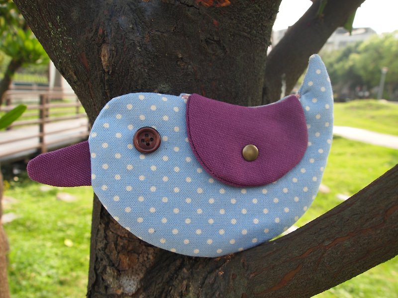 Pink and blue little happiness blue bird/coin purse - กระเป๋าใส่เหรียญ - ผ้าฝ้าย/ผ้าลินิน 