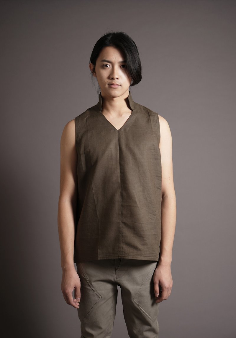 Vertical V-neck sleeveless blouse brown - Men's Tank Tops & Vests - Other Materials Brown