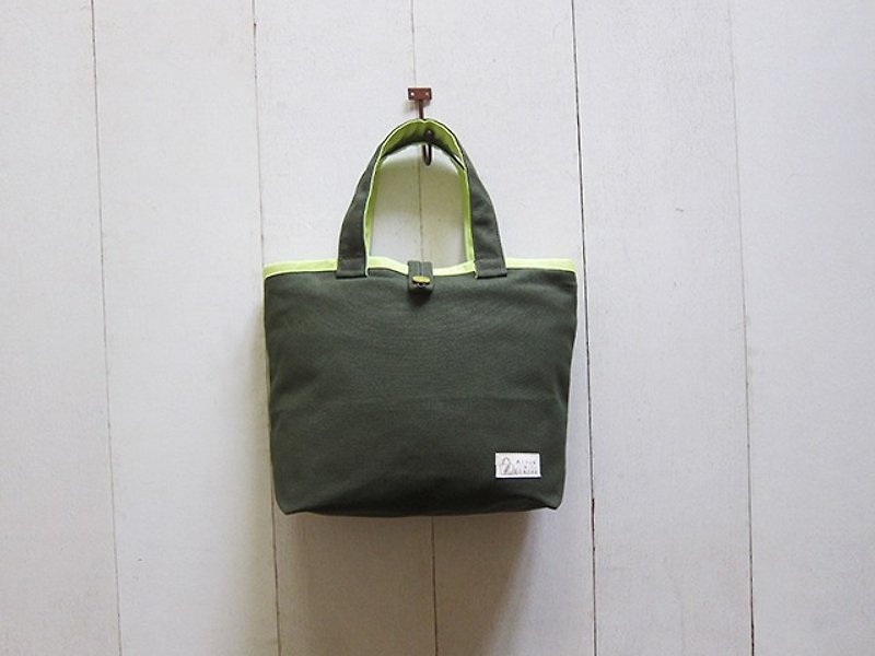馬卡龍系列-帆布小號托特包 橄欖綠 + 果綠 (木扣開口款) - 手提包/手提袋 - 其他材質 多色