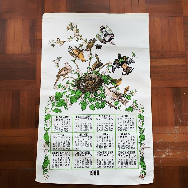1986 Early American canvas monthly calendar bird - ตกแต่งผนัง - วัสดุอื่นๆ สีเขียว