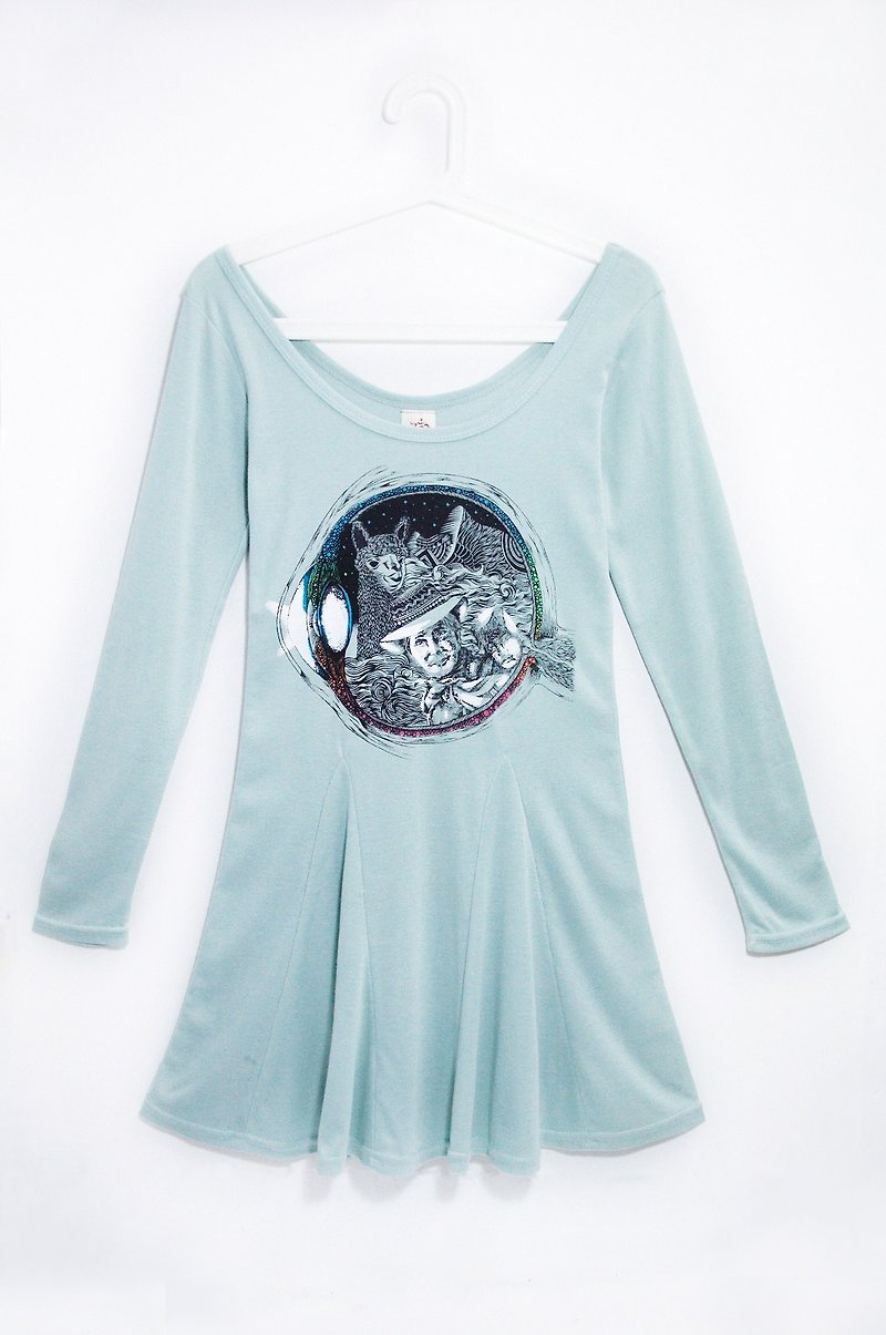 Umbrella Dress with Travel Memory Feeling-Fantasy World in the Pupil (Gray Green) - One Piece Dresses - Cotton & Hemp Green