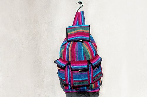 omhandmade 墨西哥風肩背包 boho帆布包 波希米亞手工編織束口後背包-藍紫色